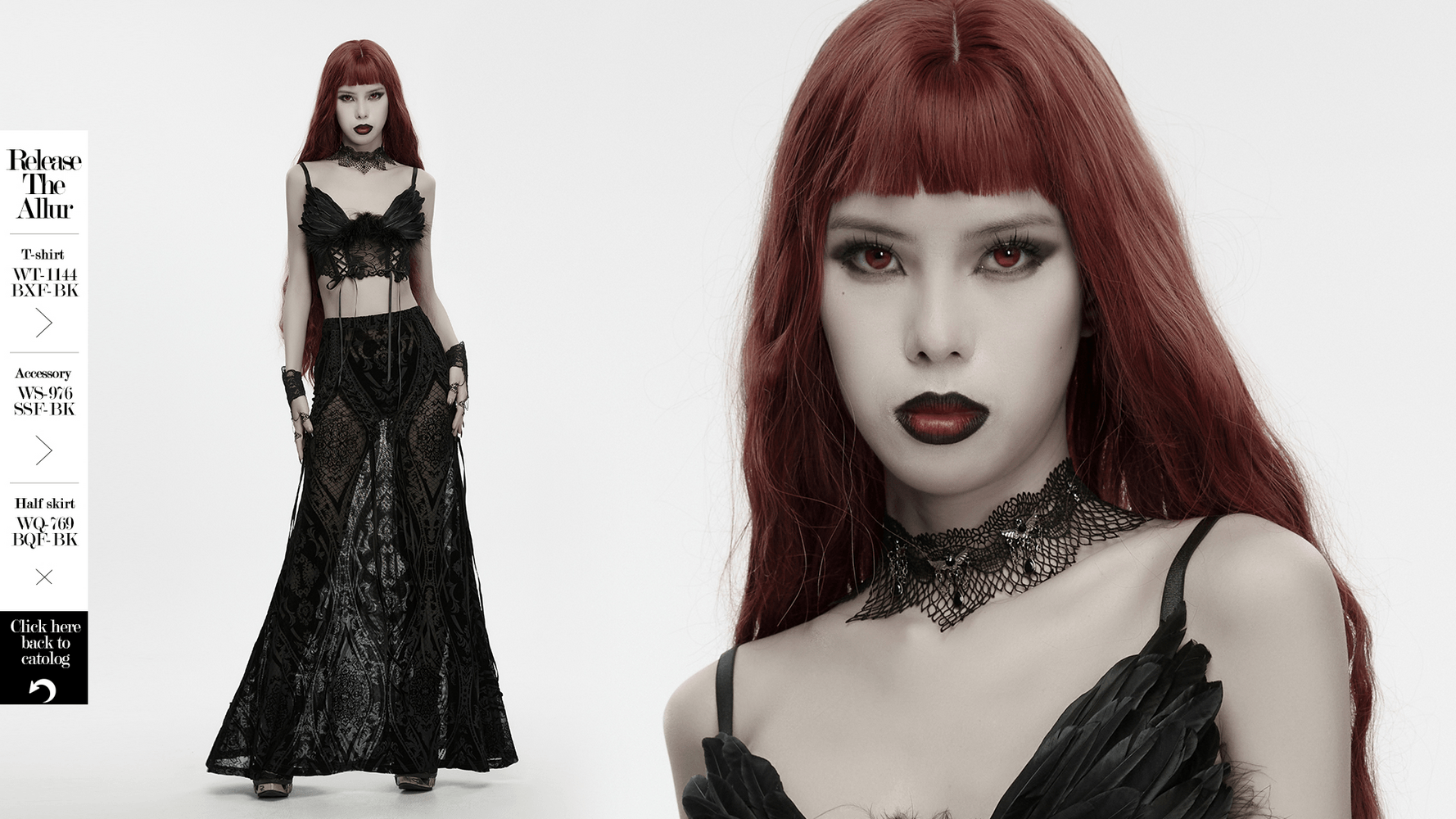 Black Gothic Bat Wing Lace Choker with Crystal Drops worn by model with dramatic makeup and red hair.