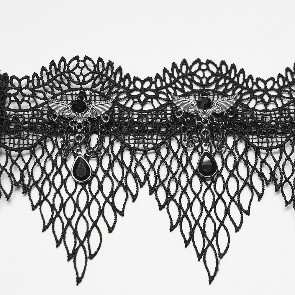Black Gothic Bat Wing Lace Choker with Crystal Drops featuring bat-wing accents and layered lace drops.