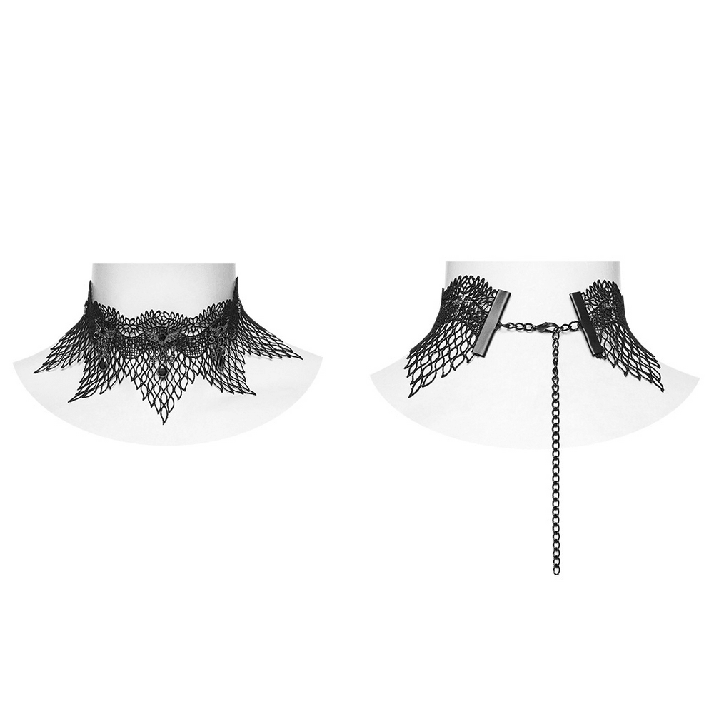 Black Gothic Bat Wing Lace Choker with Crystal Drops featuring elegant lace and adjustable buckle for a perfect fit.