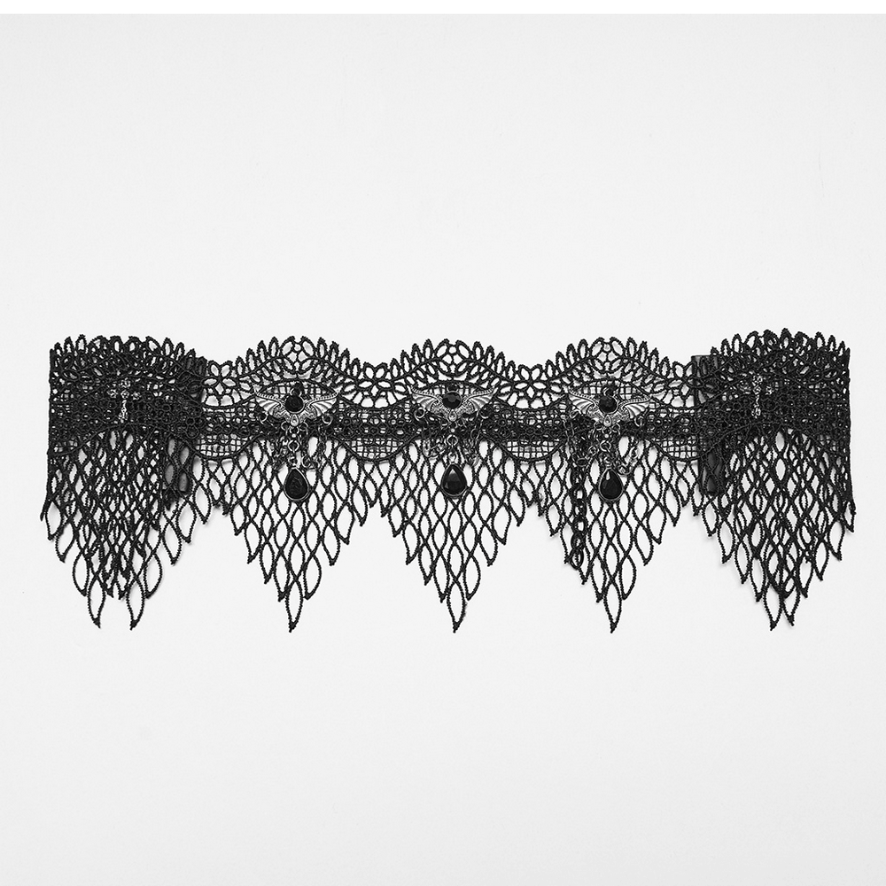 Black Gothic Bat Wing Lace Choker with Crystal Drops featuring intricate lace and dangling charms.