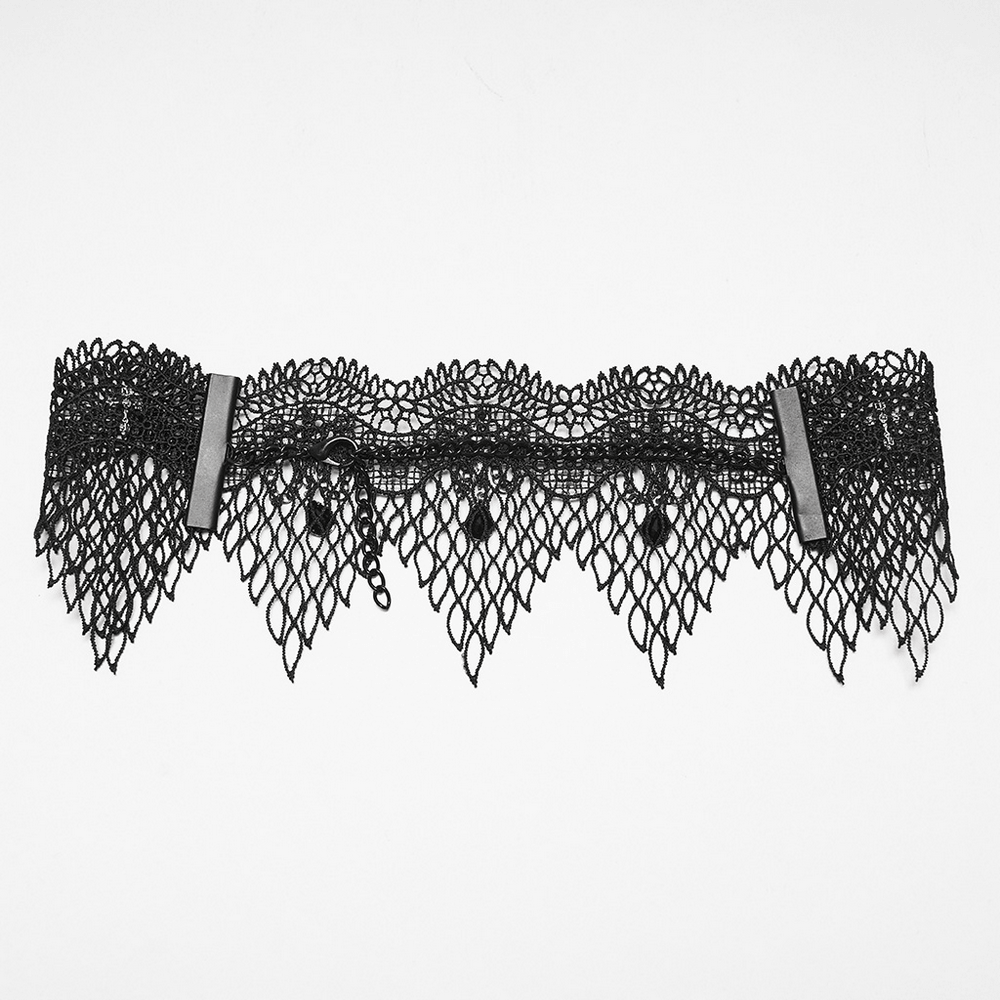 Black Gothic Bat Wing Lace Choker with Crystal Drops showcasing intricate lace design and pointed drop accents.