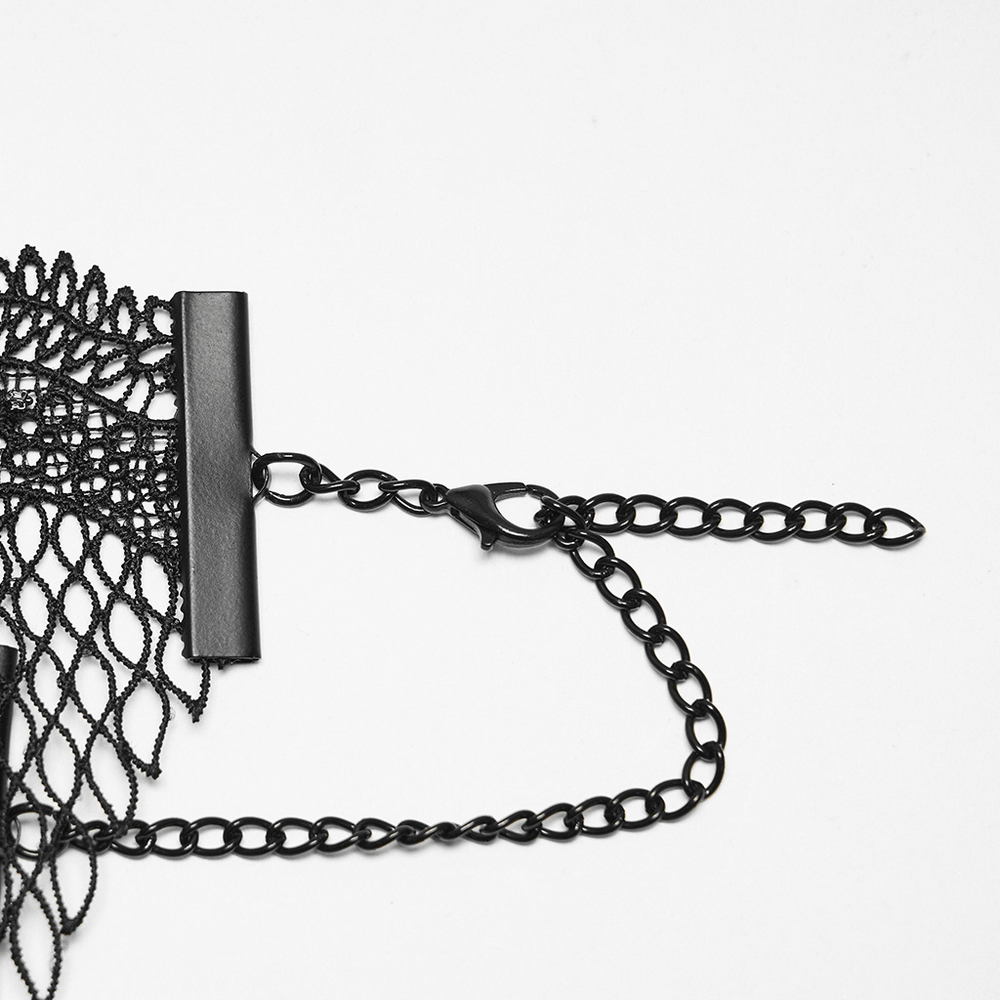 Black Gothic Bat Wing Lace Choker with Crystal Drops adjustable chain and lace detail