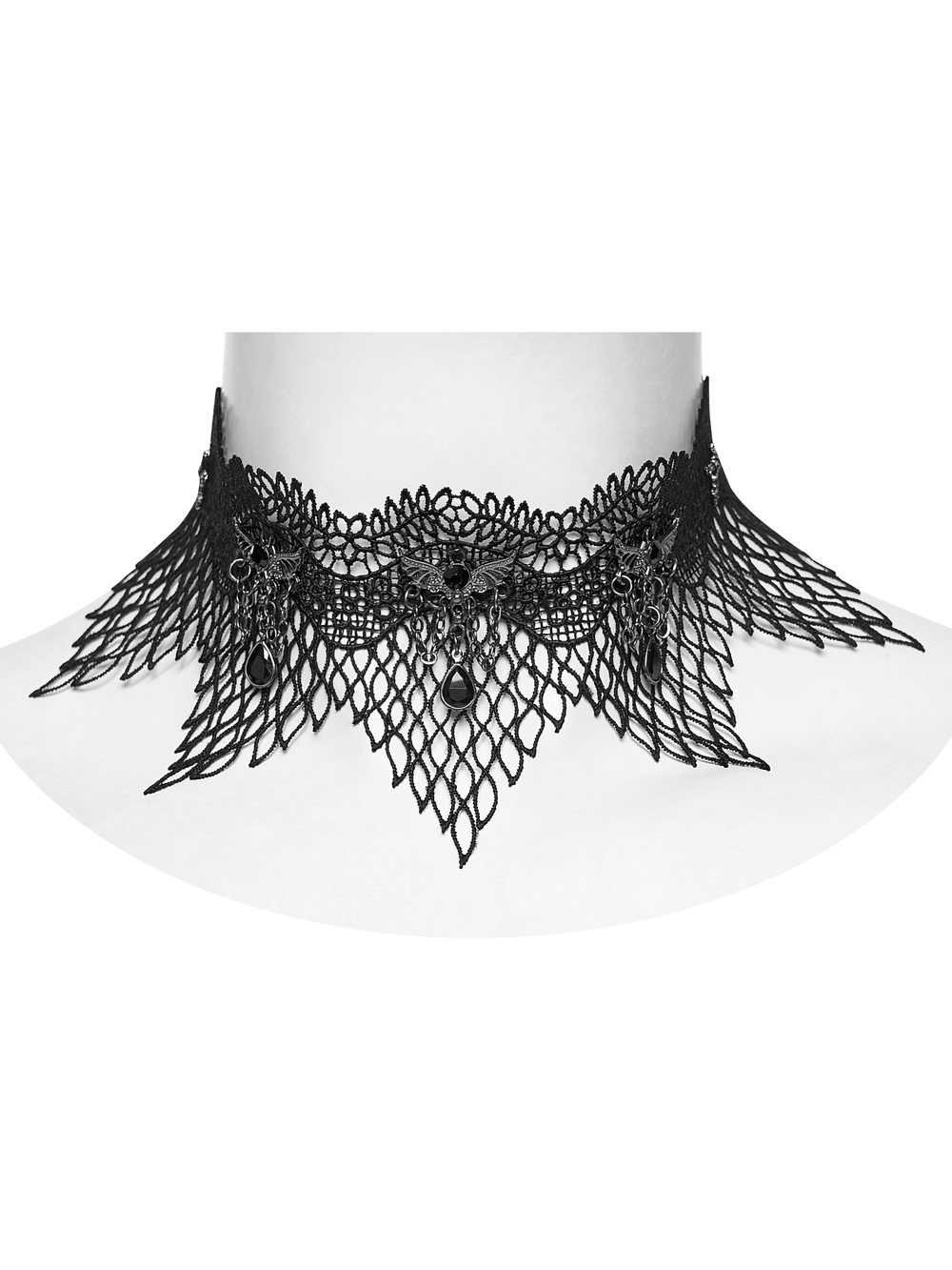 Black Gothic Bat Wing Lace Choker with Crystal Drops displayed on a mannequin with dramatic lace and bat-wing accents.
