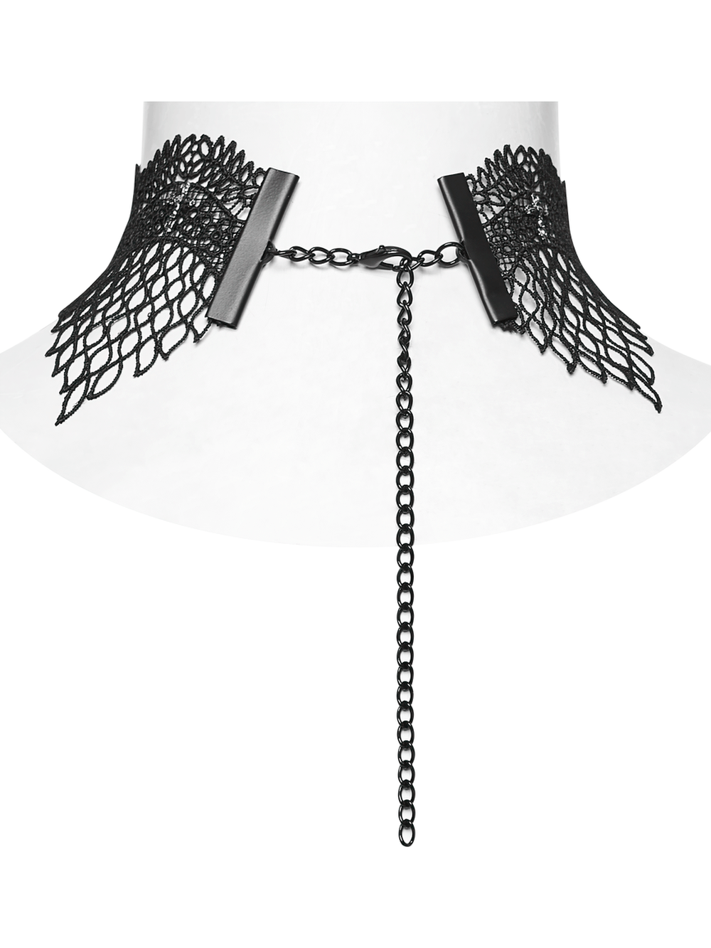 Black Gothic Bat Wing Lace Choker with Crystal Drops on display, highlighting intricate lace and adjustable chain detail.