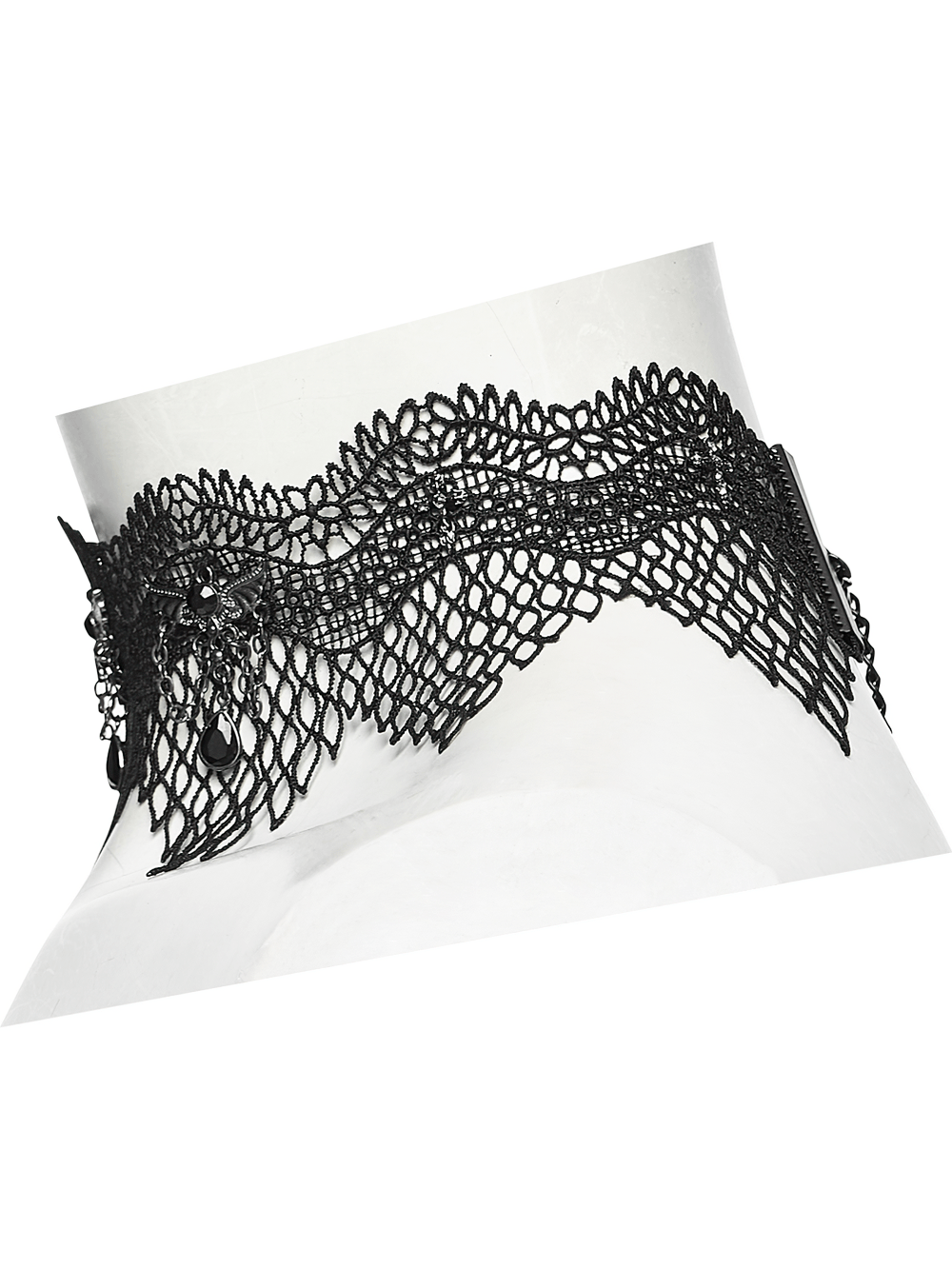 Black Gothic Bat Wing Lace Choker with Crystal Drops on display showcasing intricate bat and lace design.