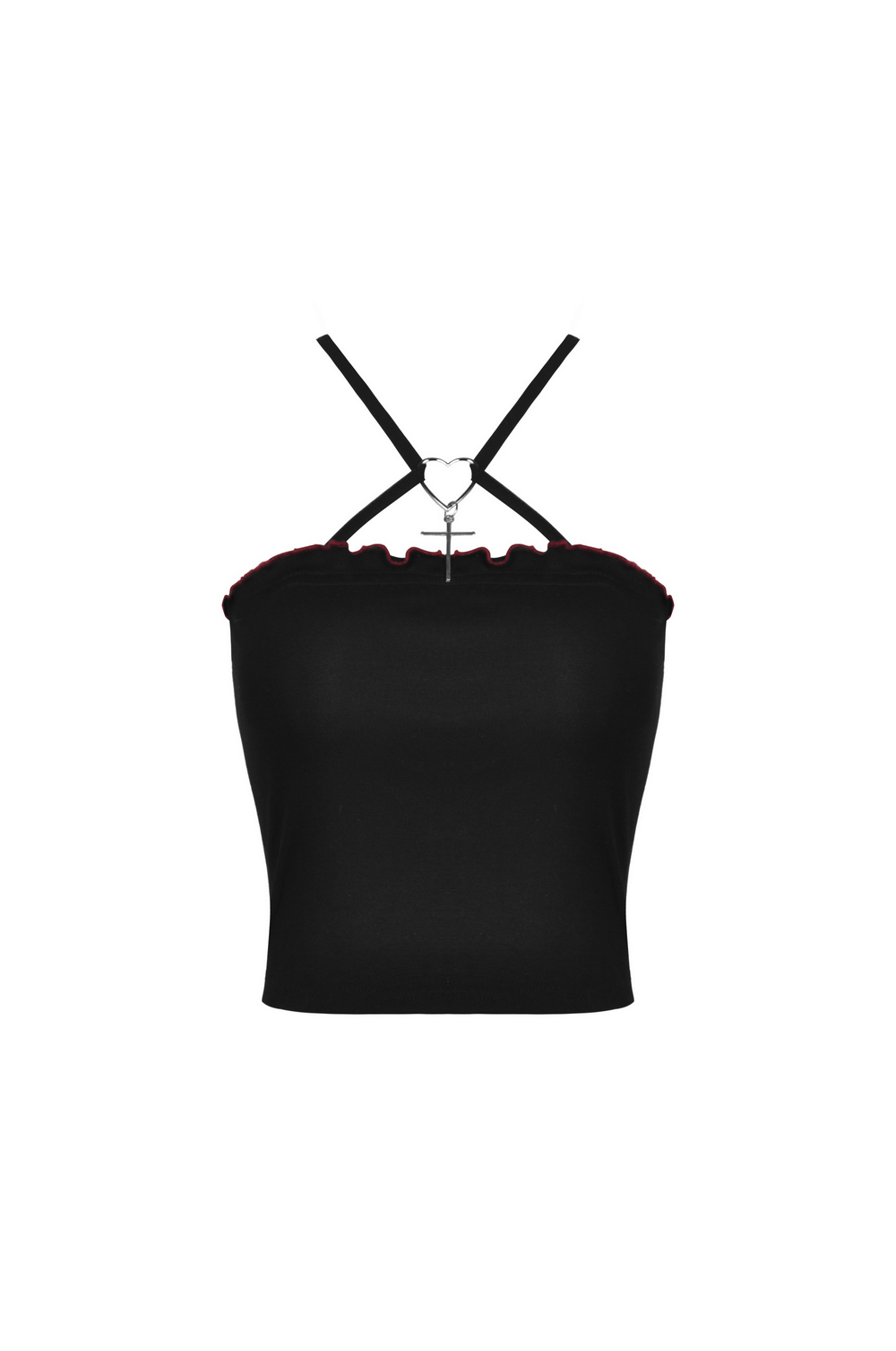 Black gothic crop top with ruffled neckline and heart detail, perfect for punk rock style and edgy outfits.