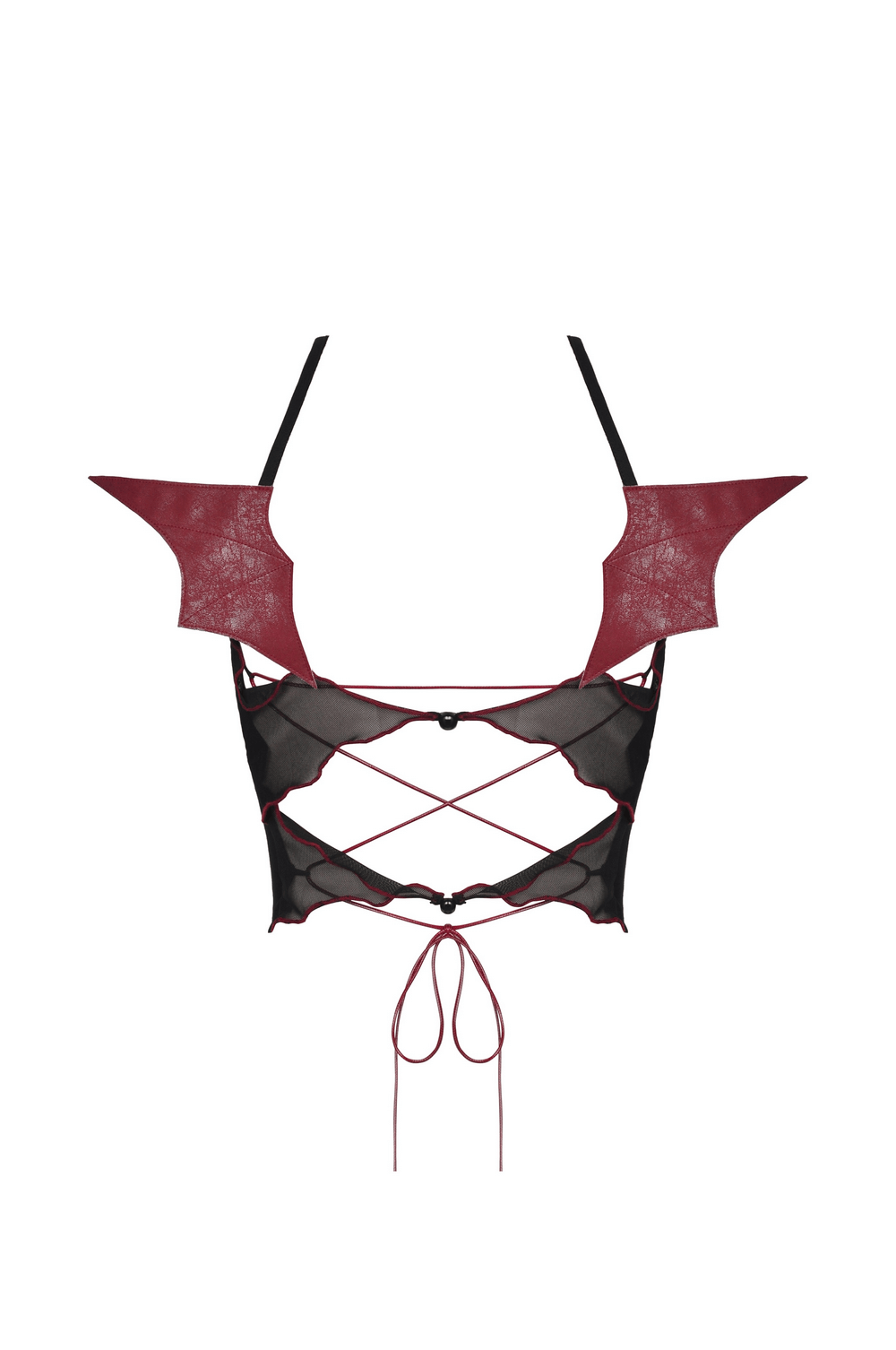 Black gothic batwing crop top with edgy design and lace-up back for punk rock style.