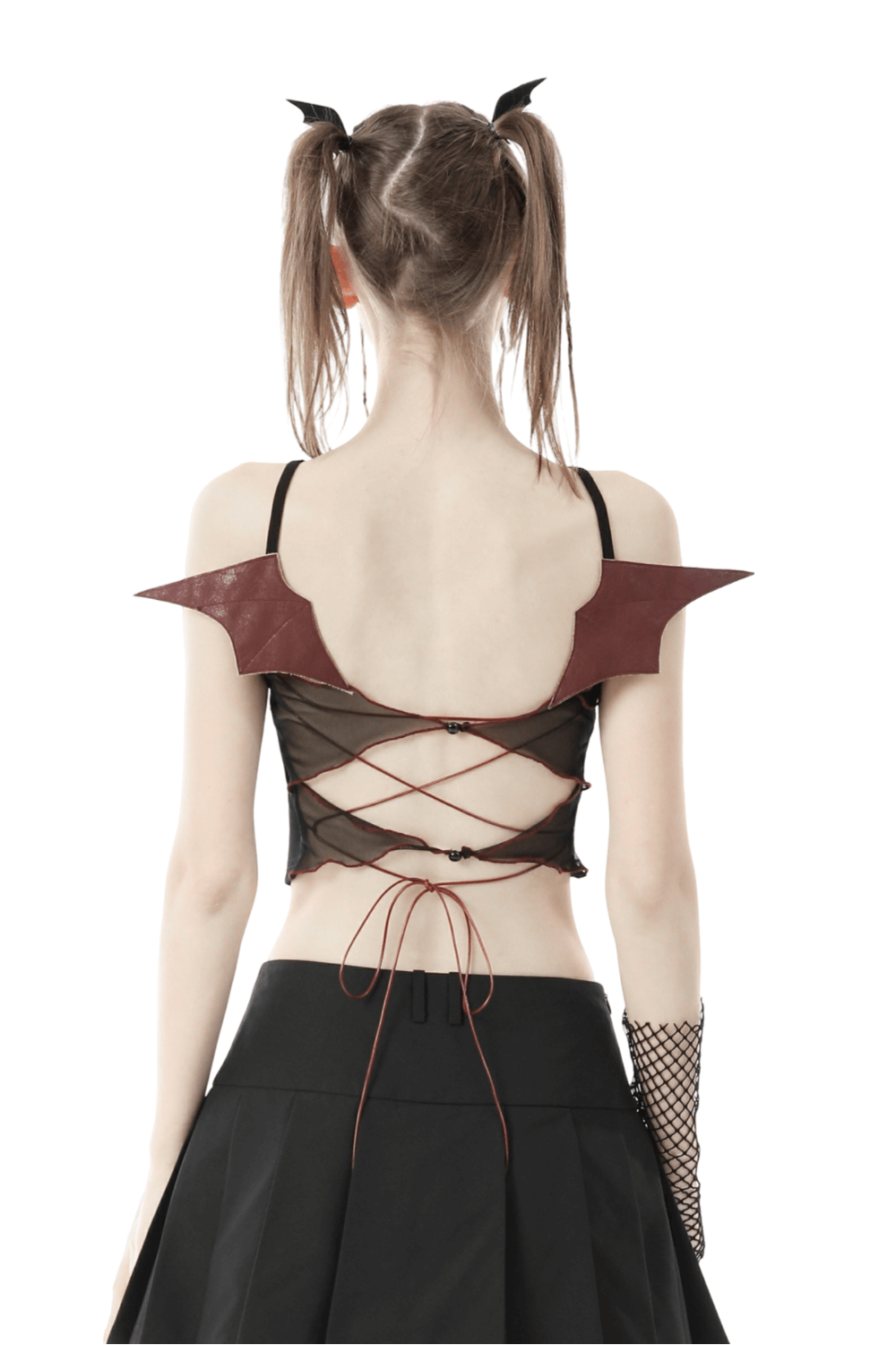 Back view of a black gothic batwing crop top with edgy lace-up design and dramatic batwing sleeves.