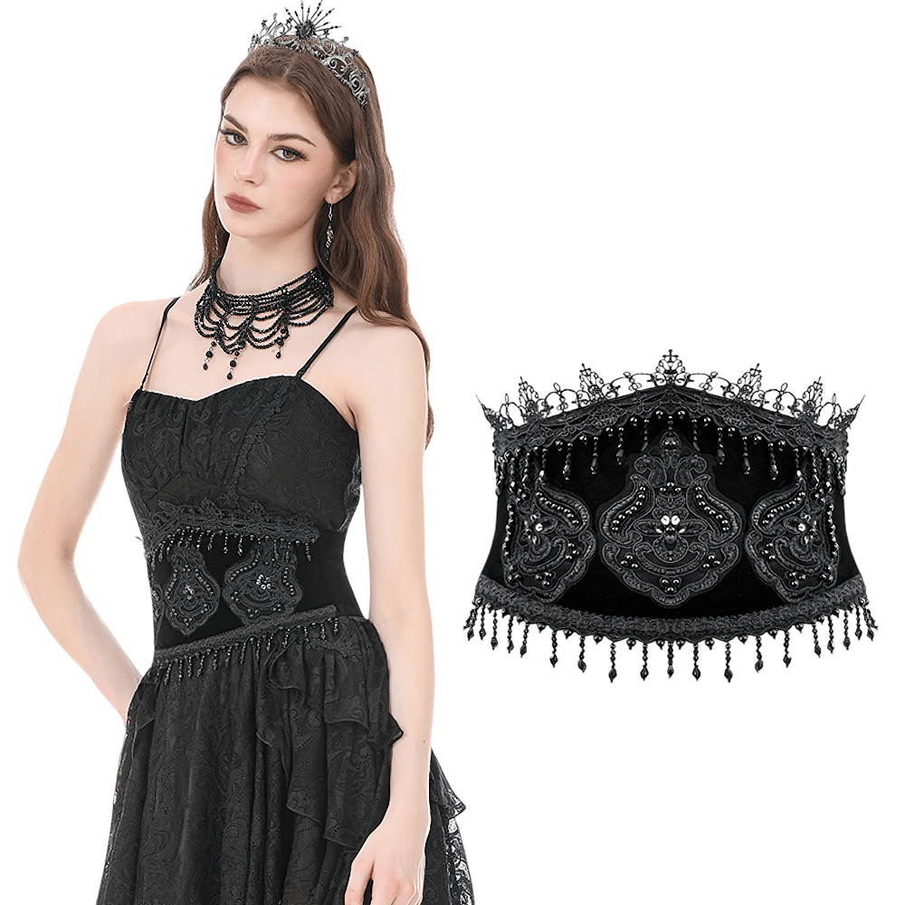 Black Gothic Beaded Lace Waist Cincher Corset Belt