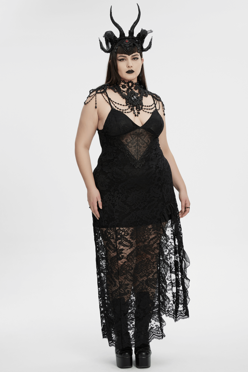 Black Gothic Beaded Shoulder Neckwear and Lace Design worn by a model in a stunning gothic outfit with a crown.