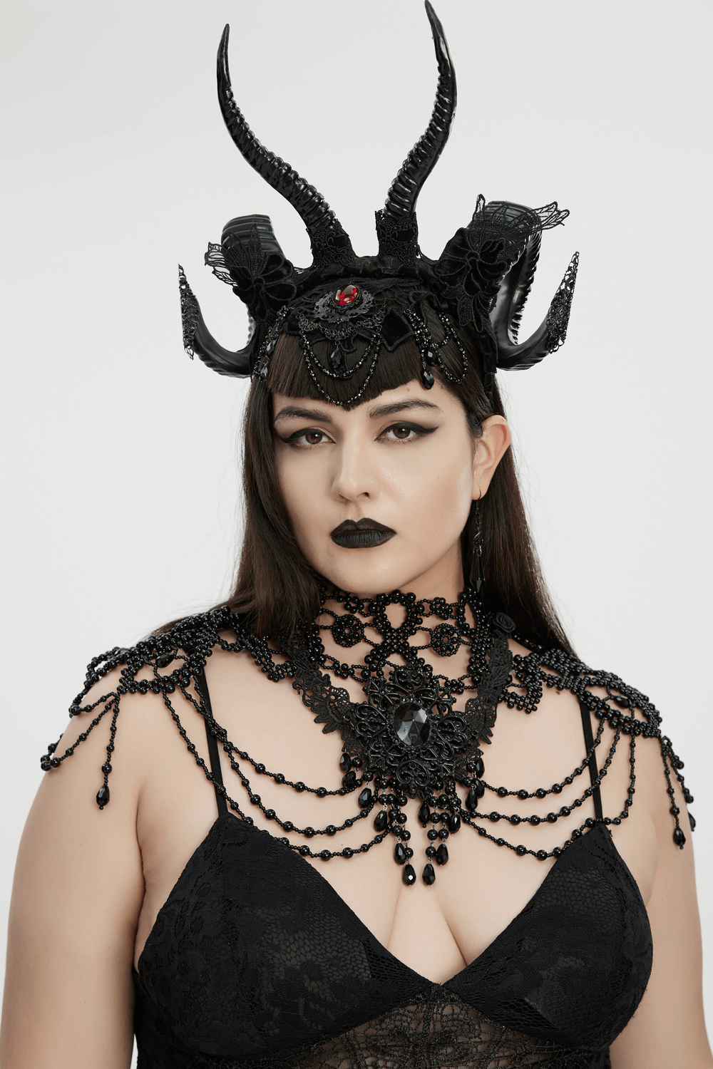 Black Gothic Beaded Shoulder Neckwear and Lace Design with ornate beads and a striking lace choker.