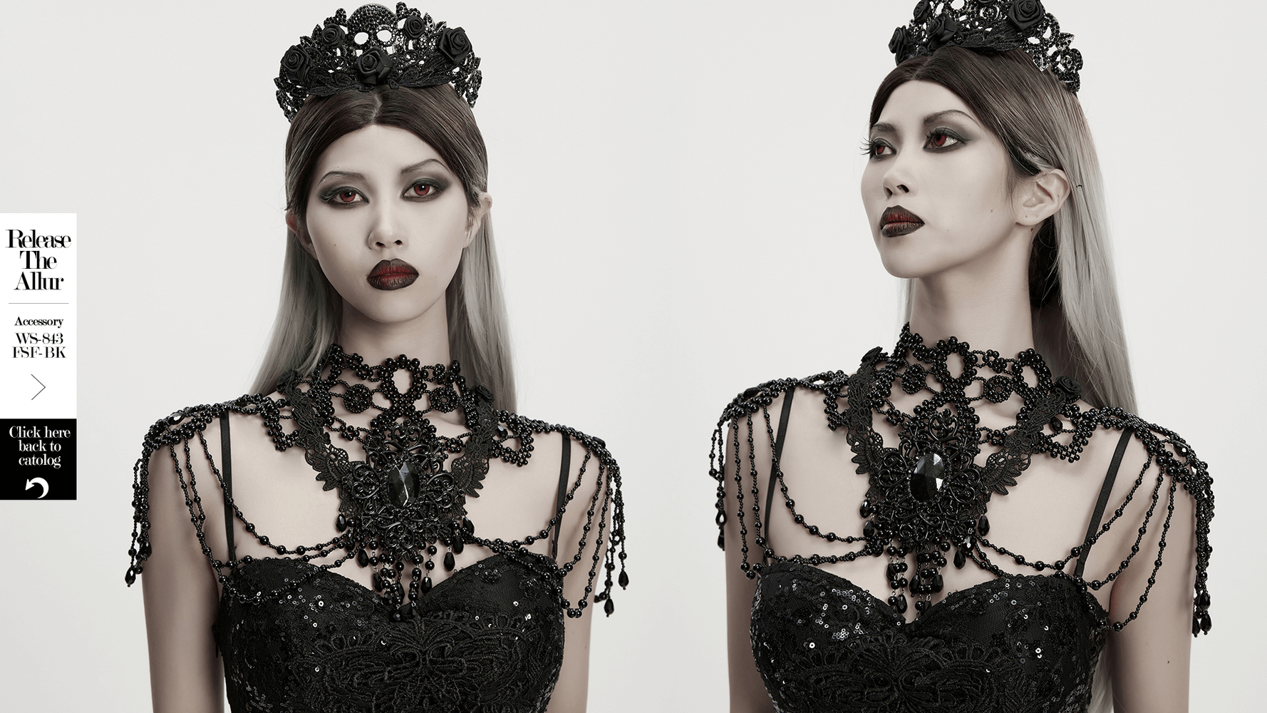 Black Gothic Beaded Shoulder Neckwear and Lace Design showcased on a model with bold makeup and intricate details.