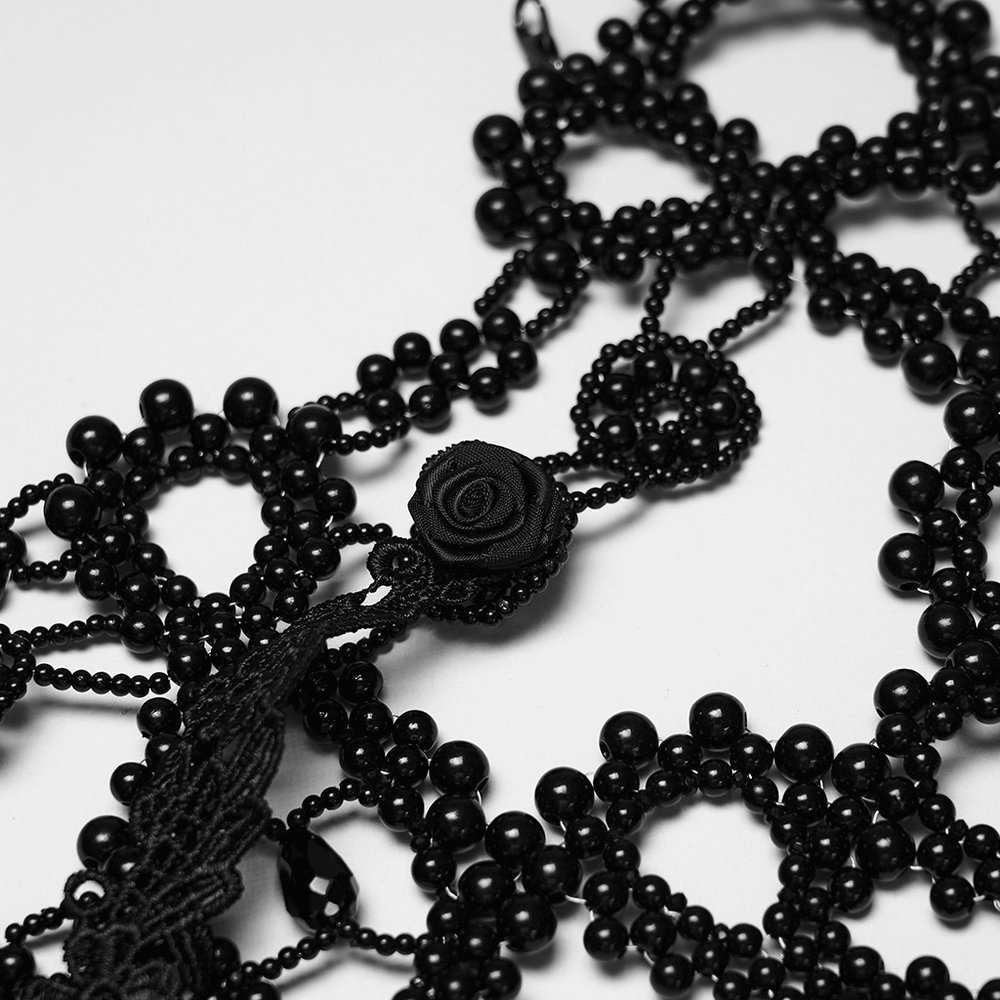Black Gothic Beaded Shoulder Neckwear and Lace Design showcasing intricate beads and rose accents.