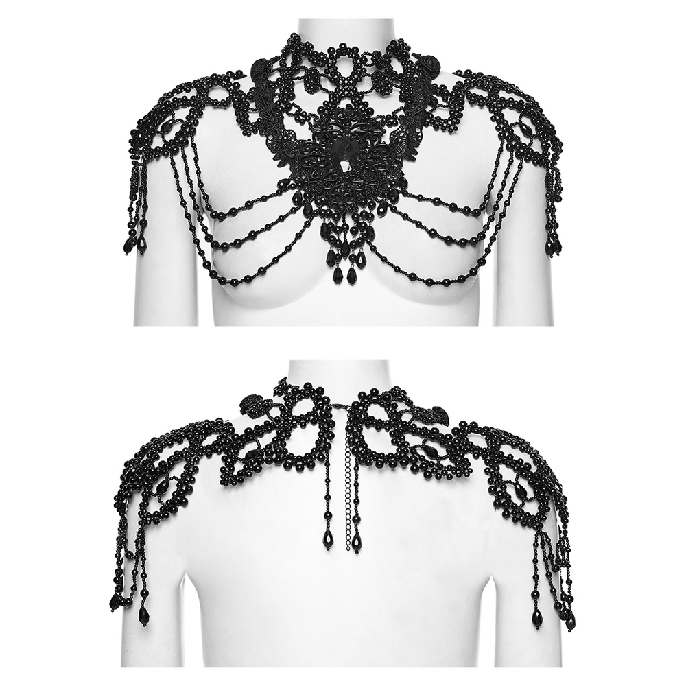 Black Gothic Beaded Shoulder Neckwear and Lace Design featuring intricate beadwork and elegant chains