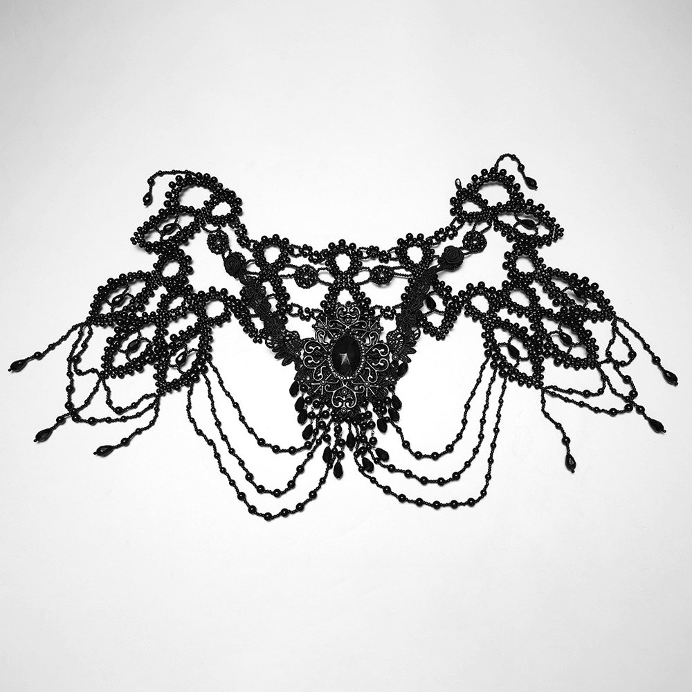 Black Gothic Beaded Shoulder Neckwear and Lace Design with ornate gemstones and delicate chains.