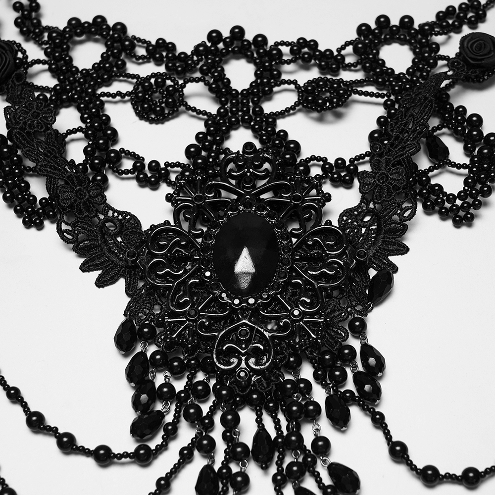 Black Gothic Beaded Shoulder Neckwear and Lace Design featuring simulated pearls and ornate gemstones.
