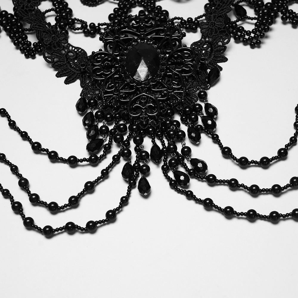 Black Gothic Beaded Shoulder Neckwear and Lace Design with ornate gemstones and delicate chains