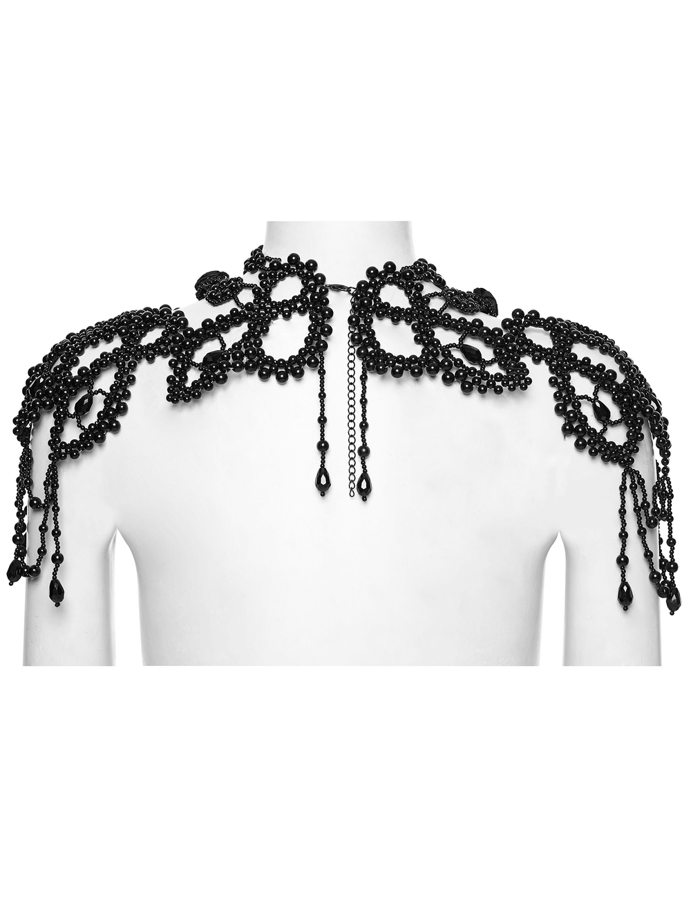 Black Gothic Beaded Shoulder Neckwear and Lace Design featuring intricate beading and delicate chains.
