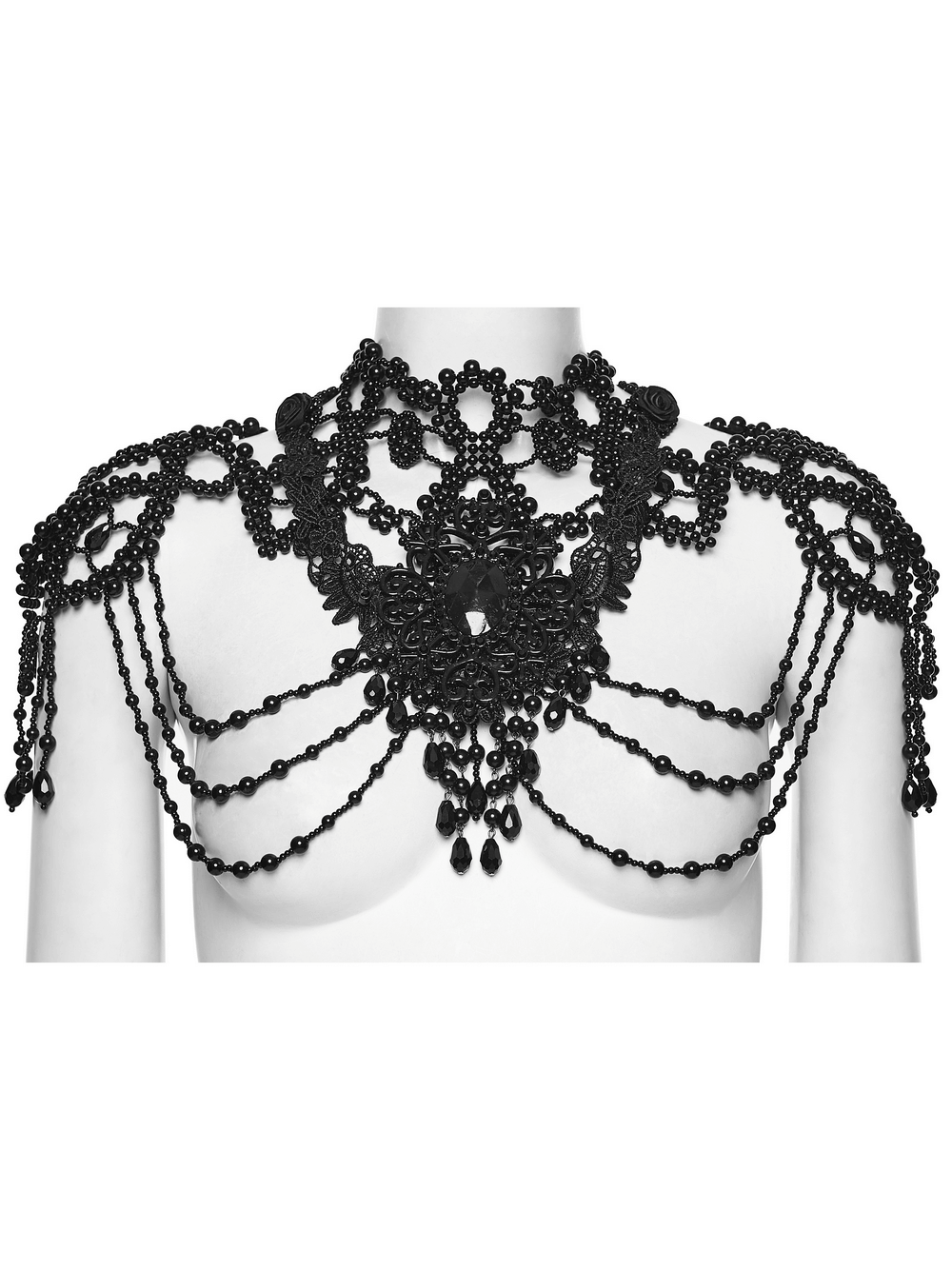Black Gothic Beaded Shoulder Neckwear and Lace Design featuring intricate beading and lace details on display.