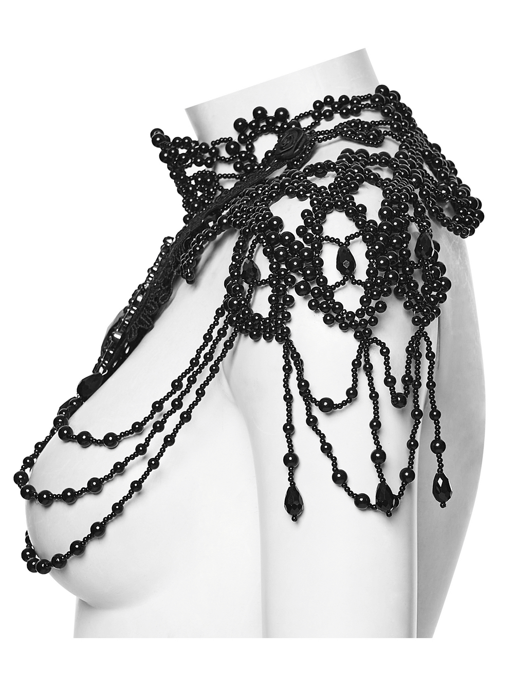 Black Gothic Beaded Shoulder Neckwear and Lace Design showcasing intricate beadwork and elegant lace details.