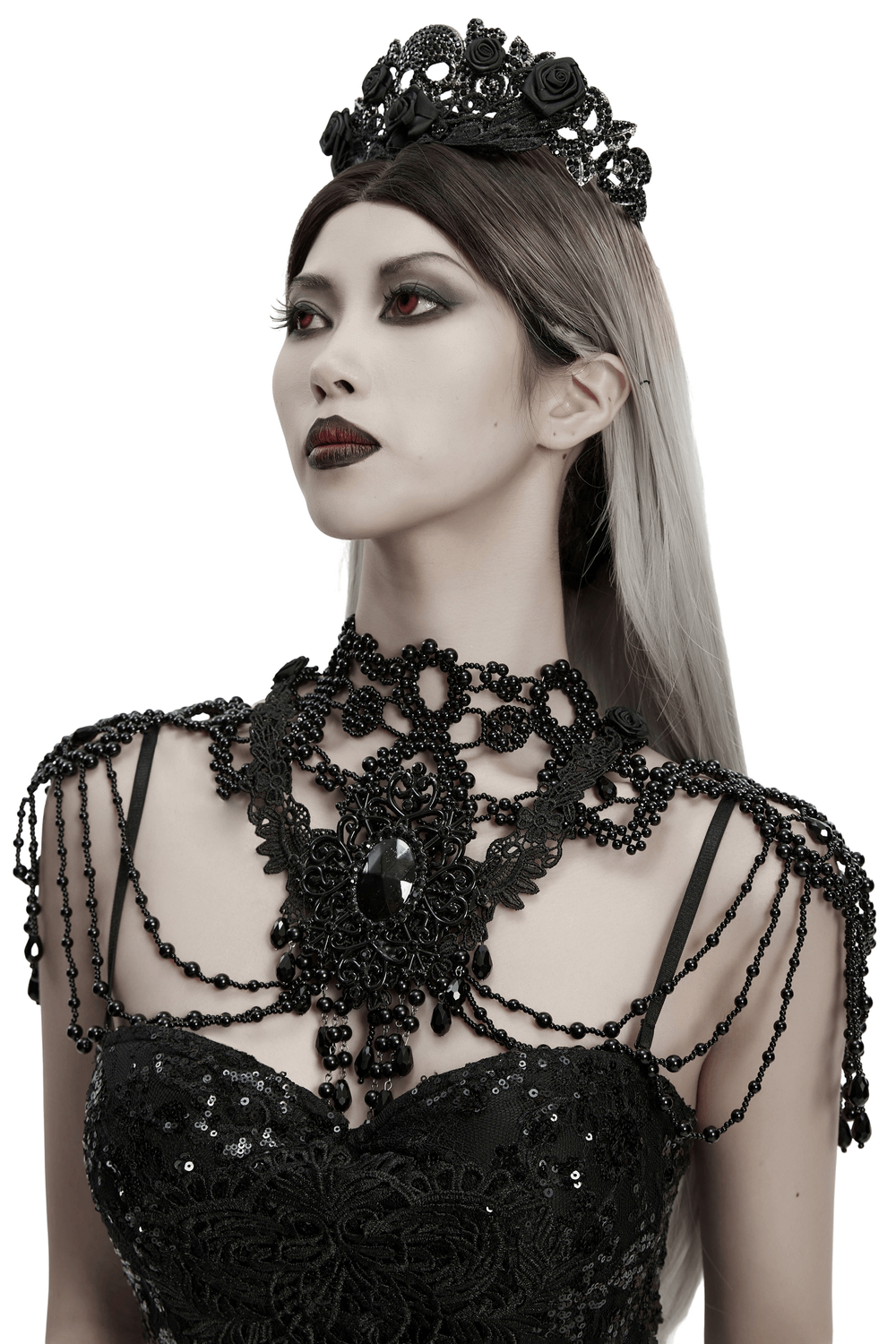 Black Gothic Beaded Shoulder Neckwear and Lace Design worn by a model showcasing dark elegance and intricate beading.