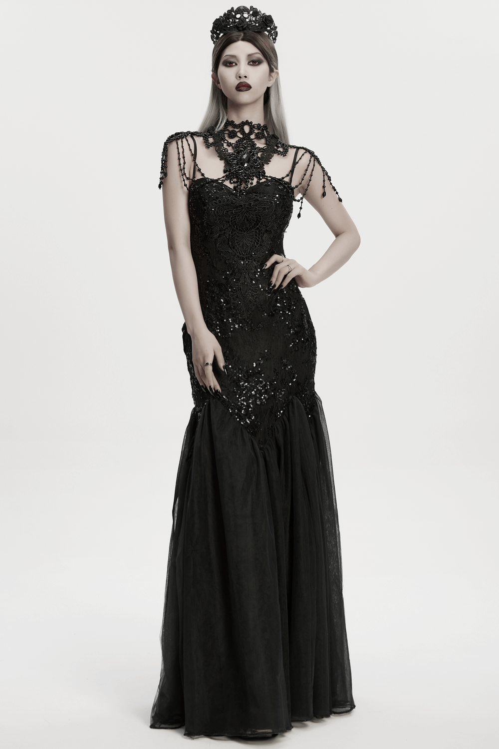 Black Gothic Beaded Shoulder Neckwear and Lace Design worn by a model in a flowing black gown, exuding dark elegance.