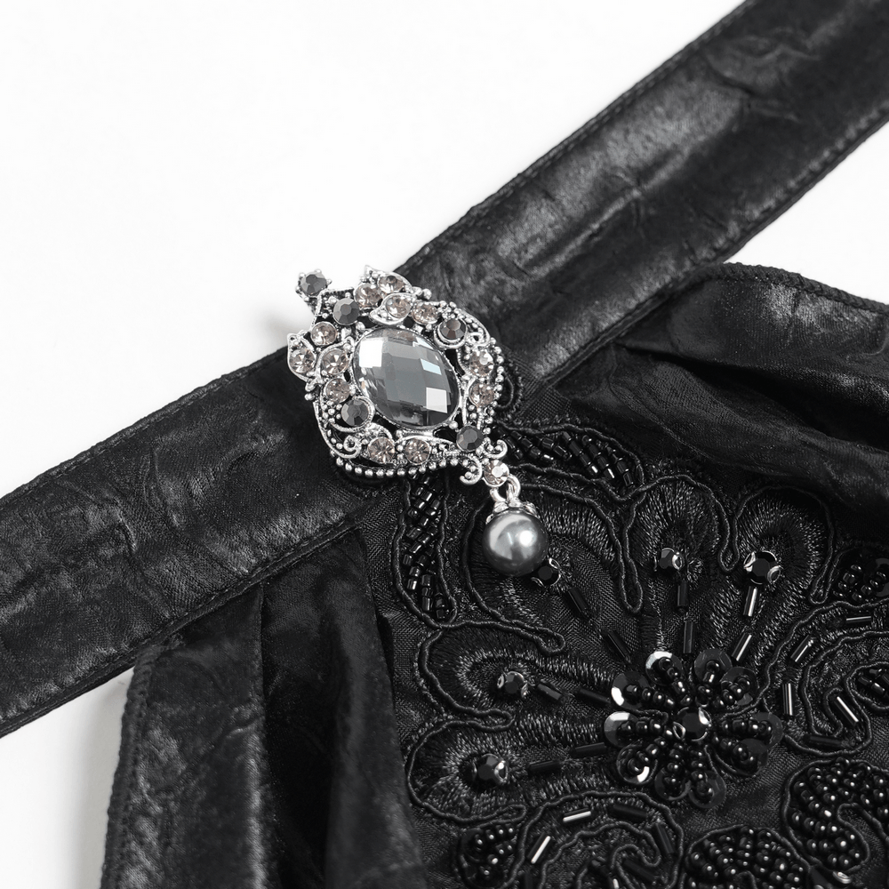Black Gothic Brocade Shirt with Ruffles and Lace jeweled collar detail close-up, showcasing intricate design and elegance.