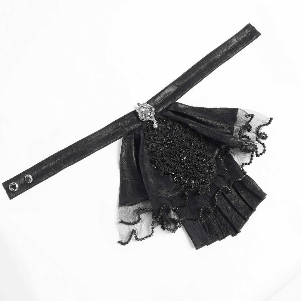 Black Gothic Brocade Shirt with Ruffles and Lace featuring intricate embroidery and dramatic ruffled accents.