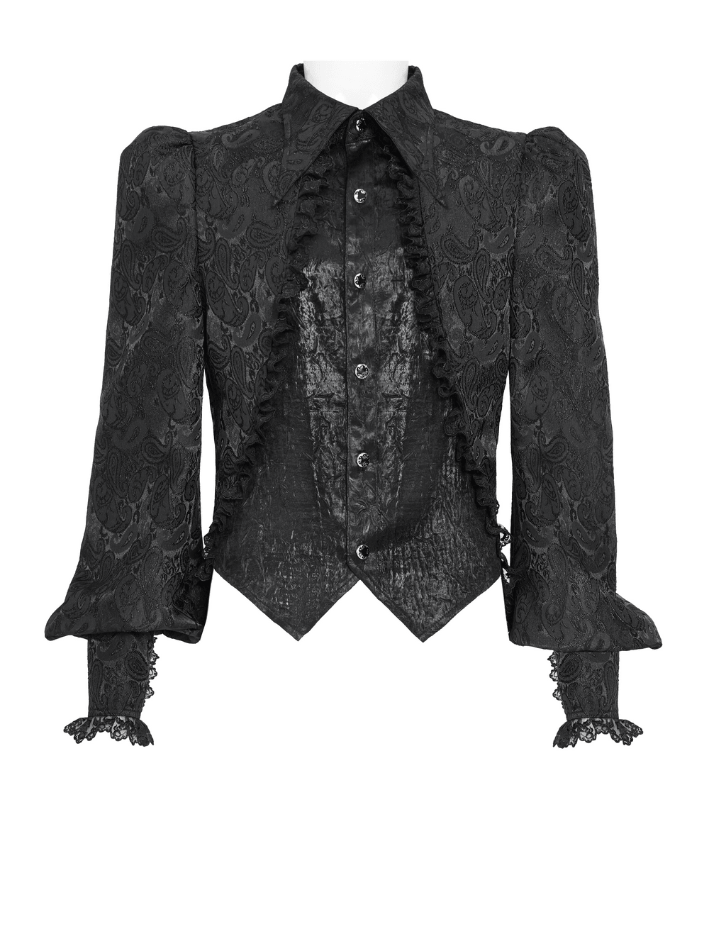Black Gothic Brocade Shirt with Ruffles and Lace featuring ornate buttons and dramatic puff sleeves.
