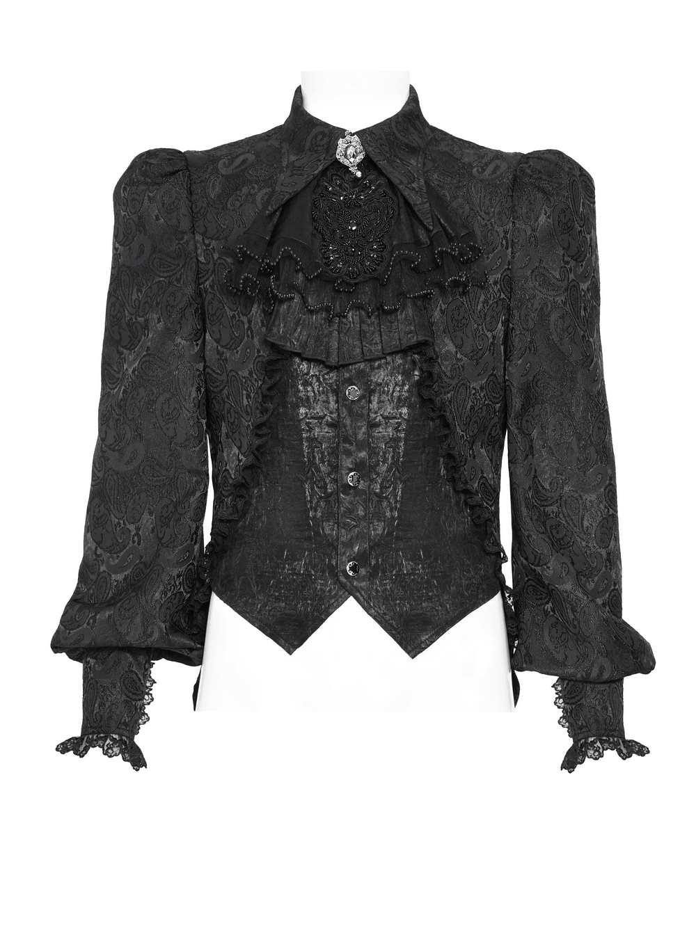 Black Gothic Brocade Shirt with Ruffles and Lace featuring ruffled bib, lace cuffs, and puff sleeves in a dramatic Victorian style.