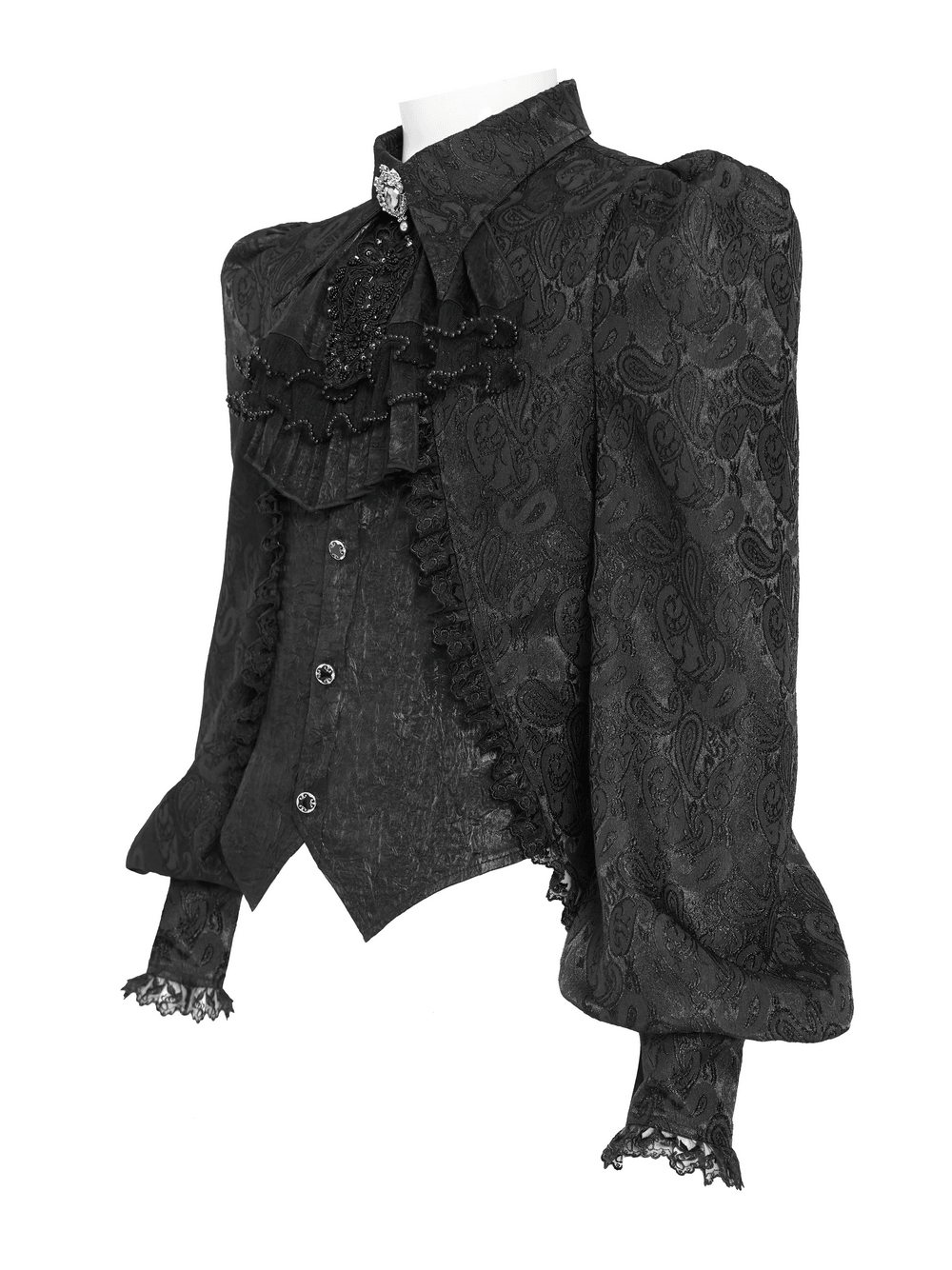 Black Gothic Brocade Shirt with Ruffles and Lace featuring a paisley pattern and elegant puff sleeves.