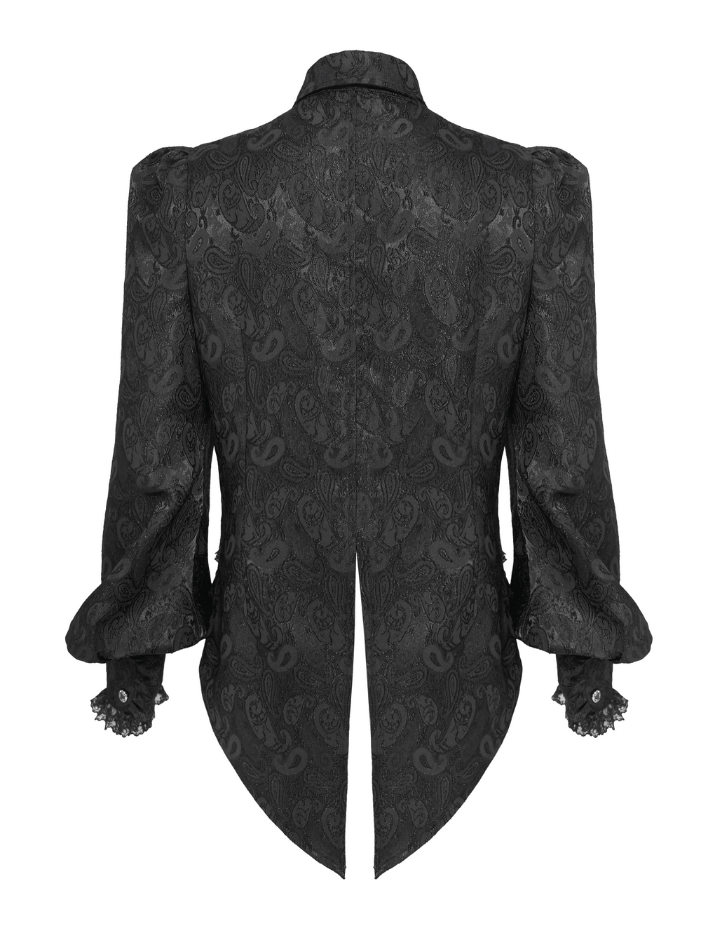 Black Gothic Brocade Shirt with Ruffles and Lace back view showcasing paisley pattern and puff sleeves.