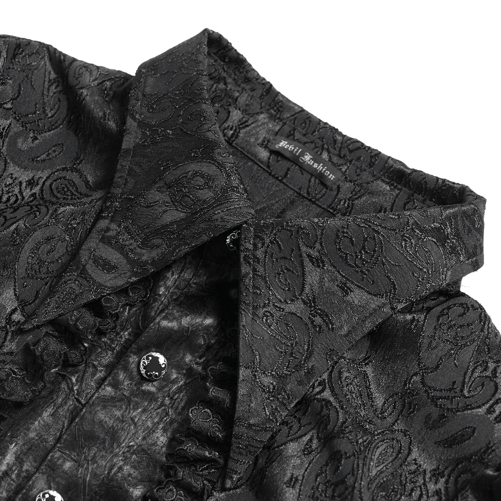 Black Gothic Brocade Shirt with Ruffles and Lace showing paisley pattern and ruffled details.
