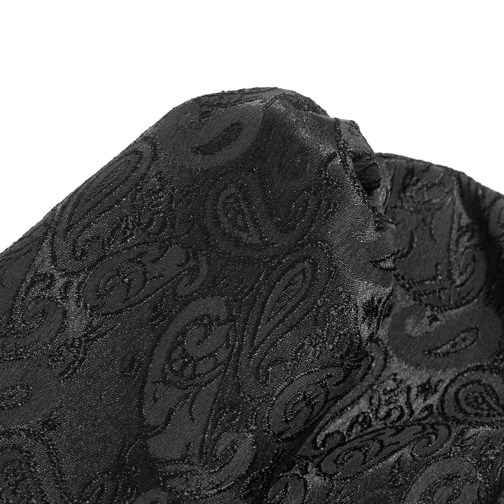 Black Gothic Brocade Shirt with Ruffles and Lace paisley fabric detail, showcasing elegant black texture and design.