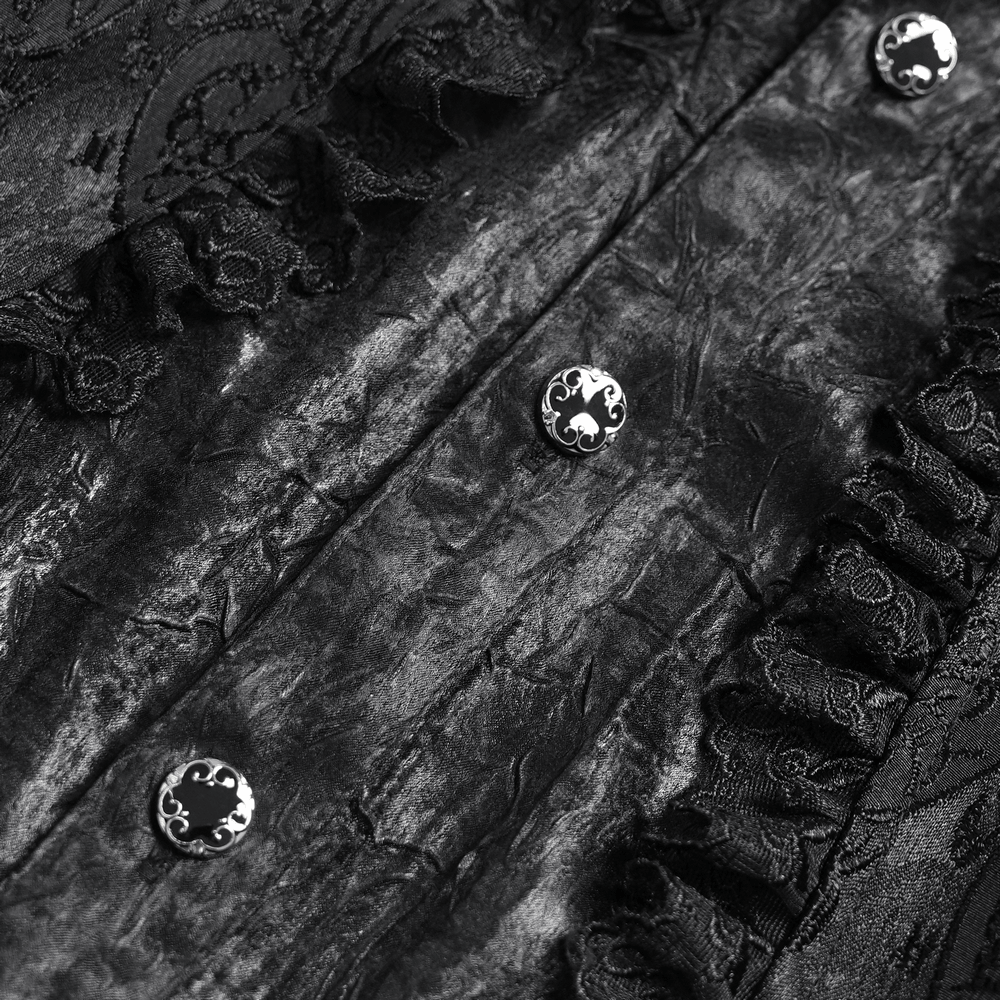 Black Gothic Brocade Shirt with Ruffles and Lace featuring detailed lace cuffs and ornate buttons.
