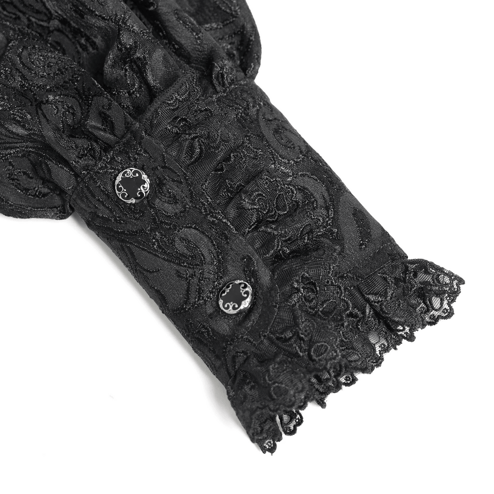 Black Gothic Brocade Shirt with Ruffles and Lace sleeve detail featuring lace cuffs and ornate buttons.