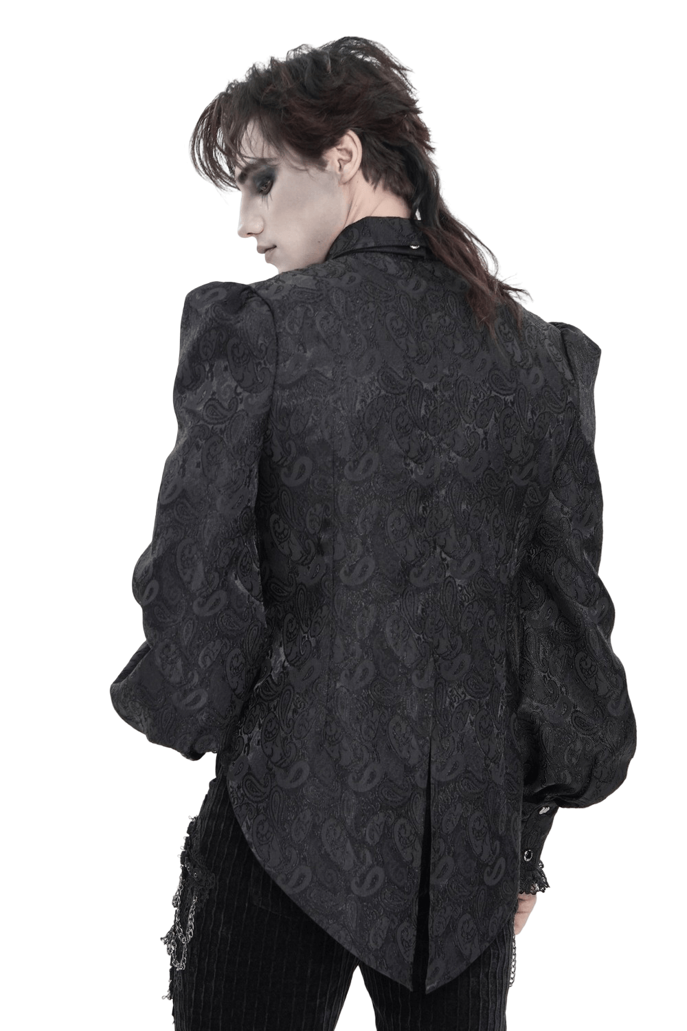 Black Gothic Brocade Shirt with Ruffles and Lace, featuring a paisley pattern and dramatic puff sleeves.