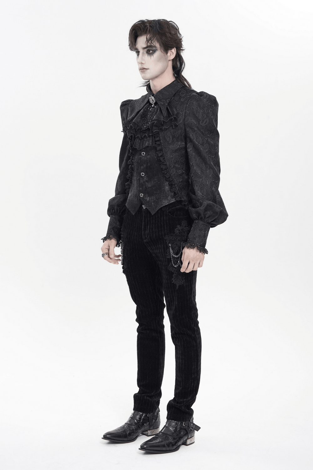 Black Gothic Brocade Shirt with Ruffles and Lace styled with dramatic puff sleeves and ornate details.