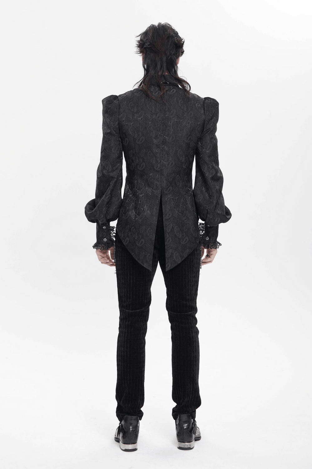 Black Gothic Brocade Shirt with Ruffles and Lace back view showcasing dramatic puff sleeves and pointed hem.