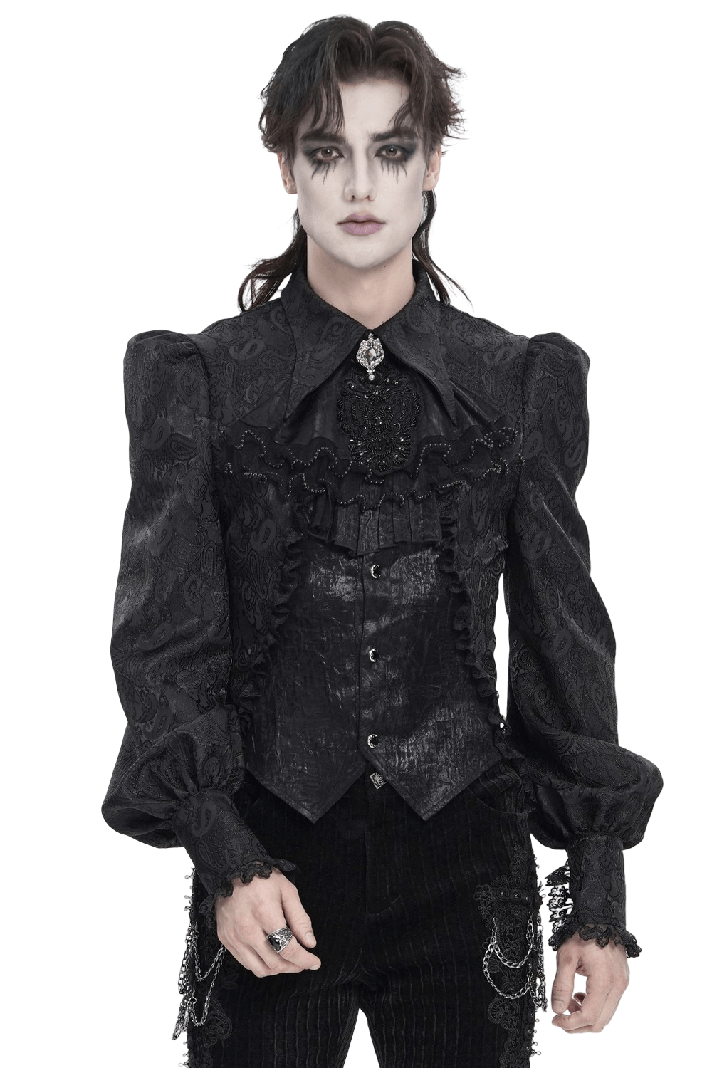 Black Gothic Brocade Shirt with Ruffles and Lace, featuring puff sleeves, lace cuffs, and a refined Victorian silhouette.