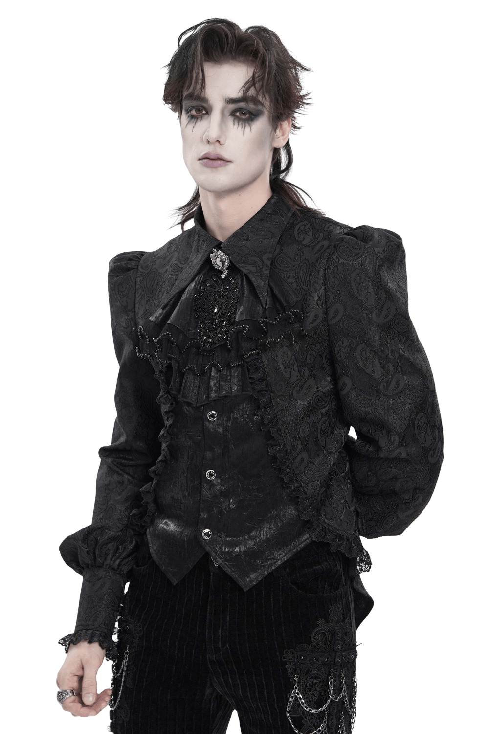 Black Gothic Brocade Shirt with Ruffles and Lace worn by a model with dramatic makeup