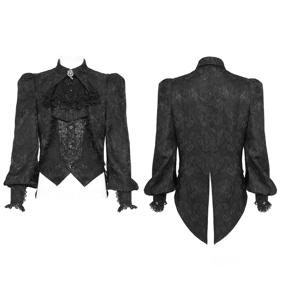 Black Gothic Brocade Shirt with Ruffles and Lace showcasing intricate paisley pattern and dramatic puff sleeves.