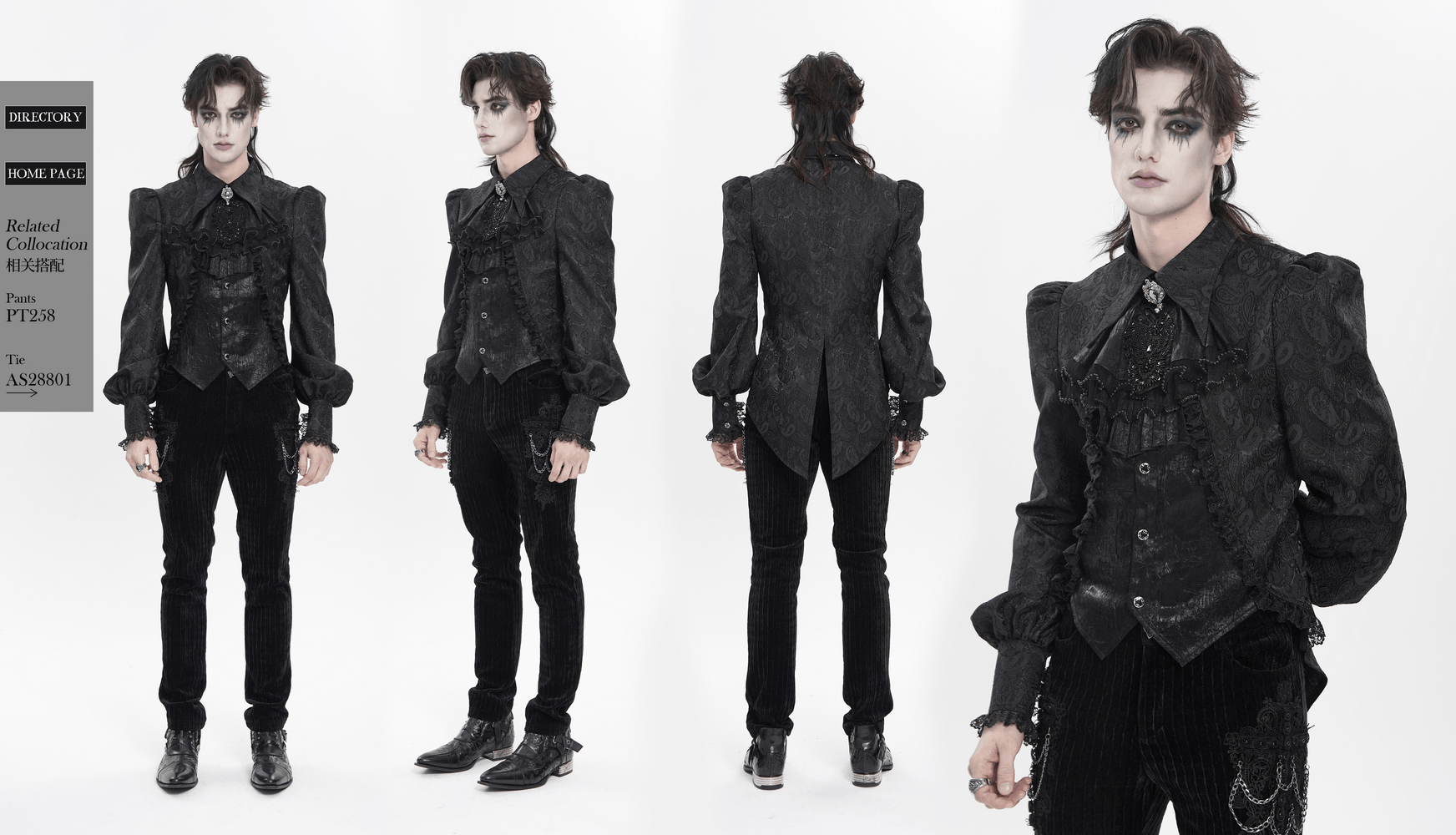 Black Gothic Brocade Shirt with Ruffles and Lace worn by model showcasing Victorian style with puff sleeves.