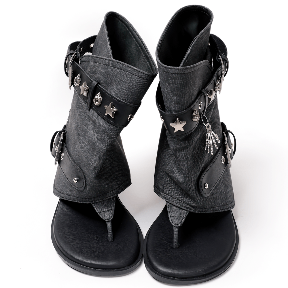 Black Gothic Buckle Strap Thong Sandal Ankle Boots