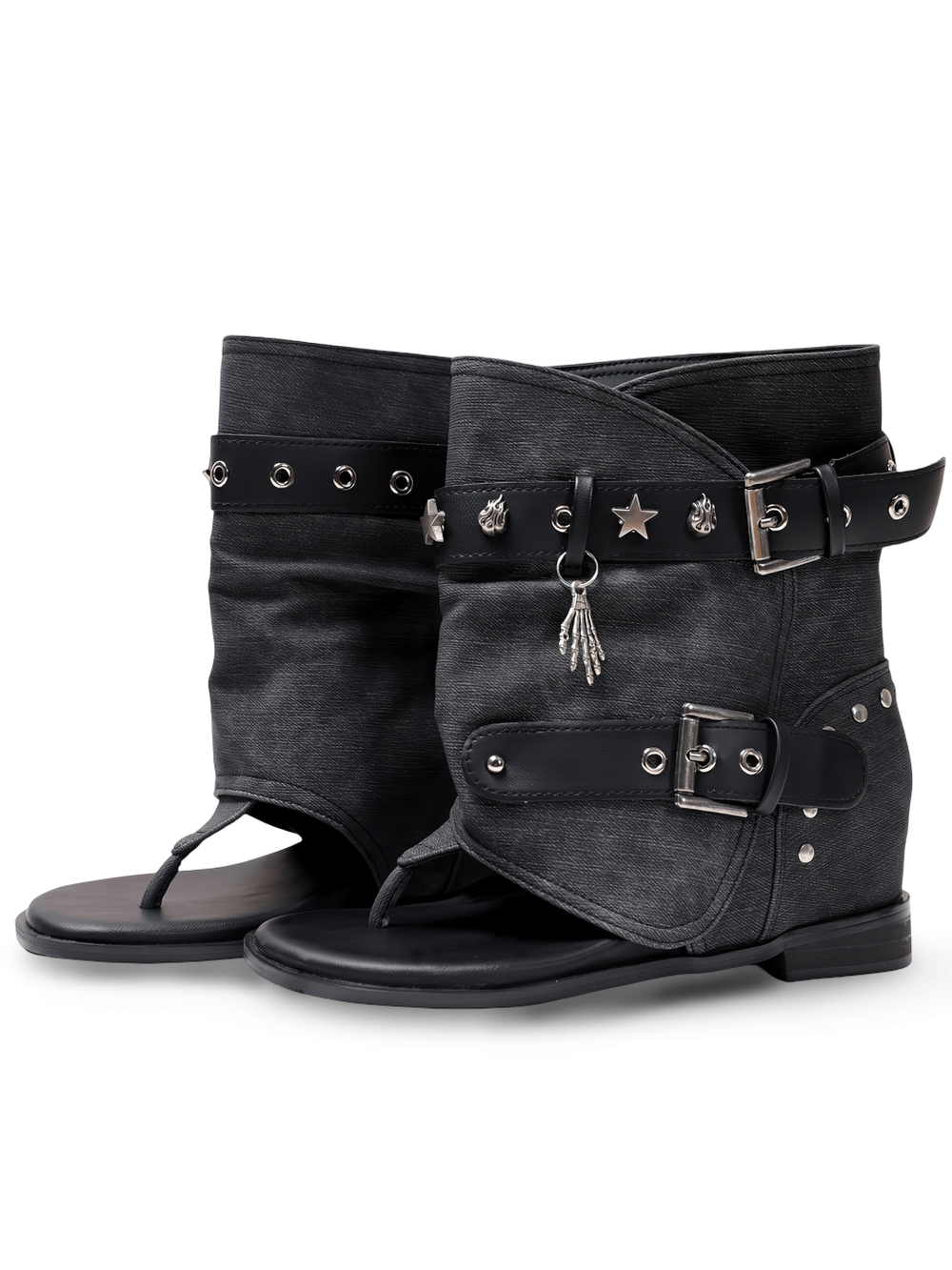 Black Gothic Buckle Strap Thong Sandal Ankle Boots