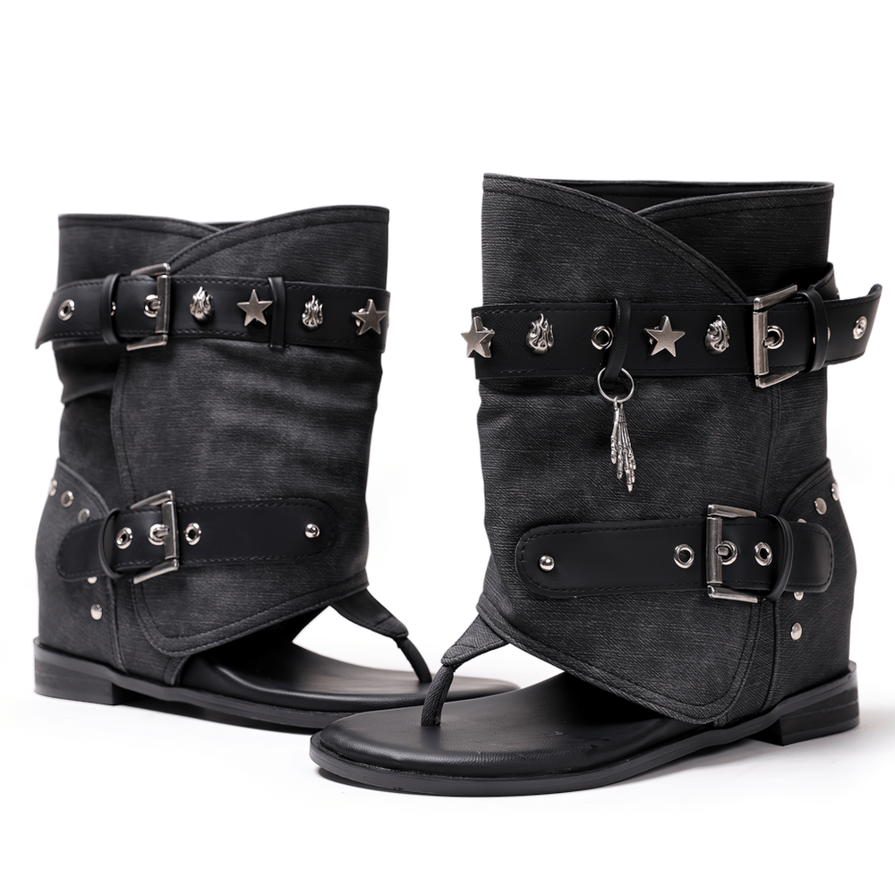Black Gothic Buckle Strap Thong Sandal Ankle Boots