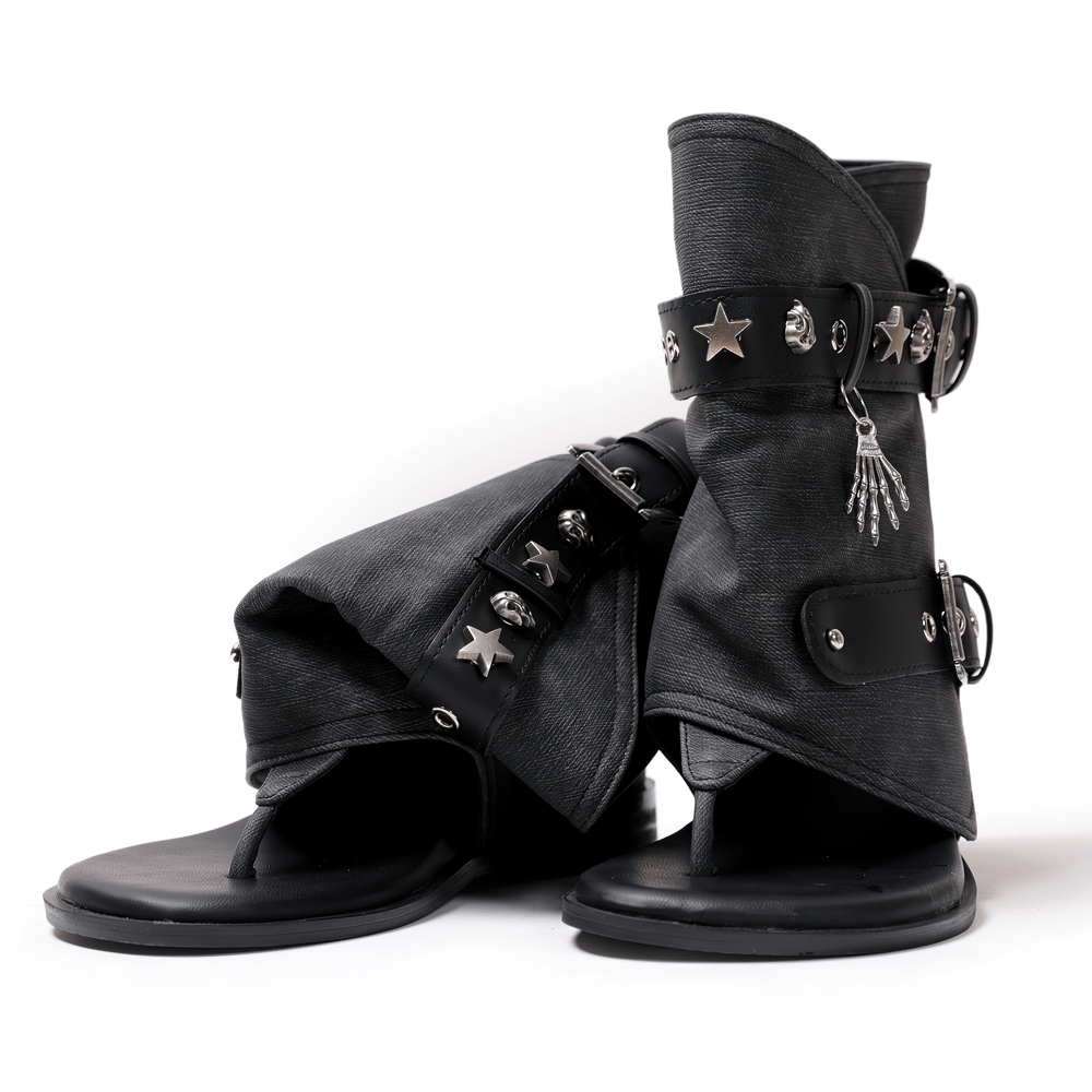 Black Gothic Buckle Strap Thong Sandal Ankle Boots