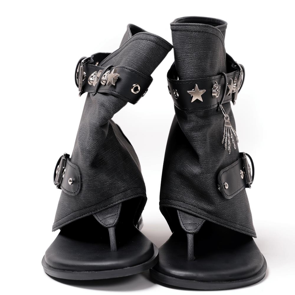 Black Gothic Buckle Strap Thong Sandal Ankle Boots