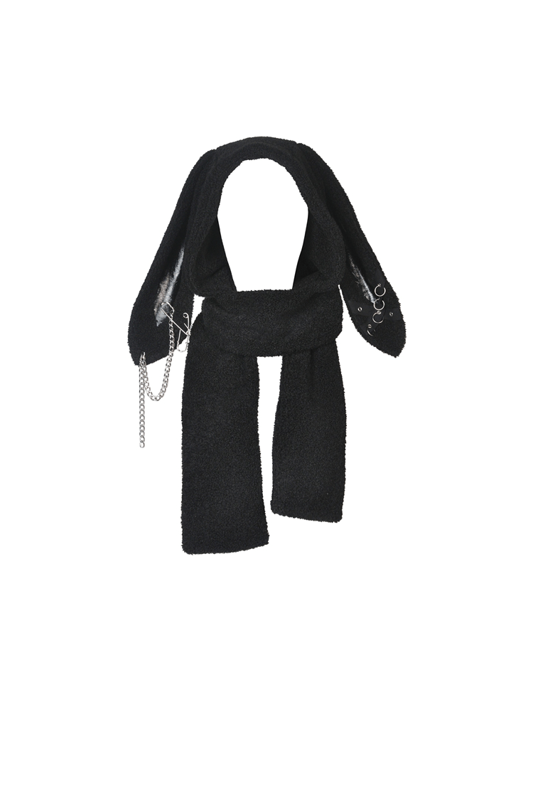 Punk style black gothic bunny ears hooded scarf with chains for edgy winter fashion.