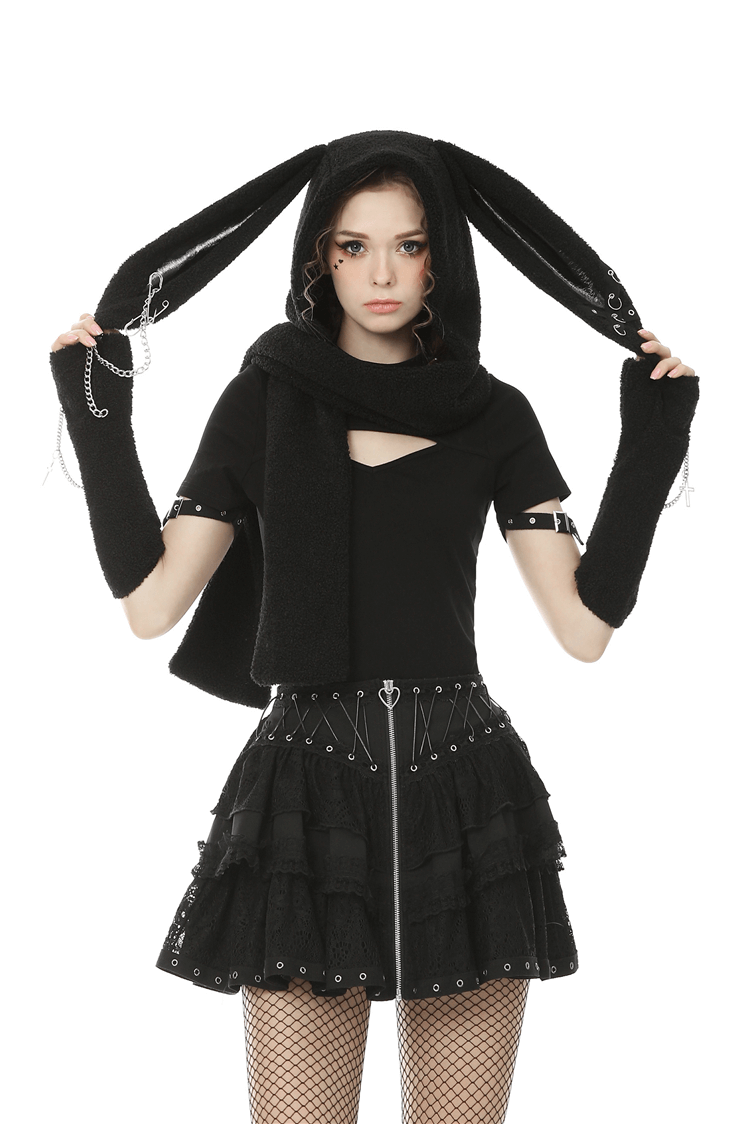 Black Gothic Bunny Ears Warm Hooded Scarf With Chain